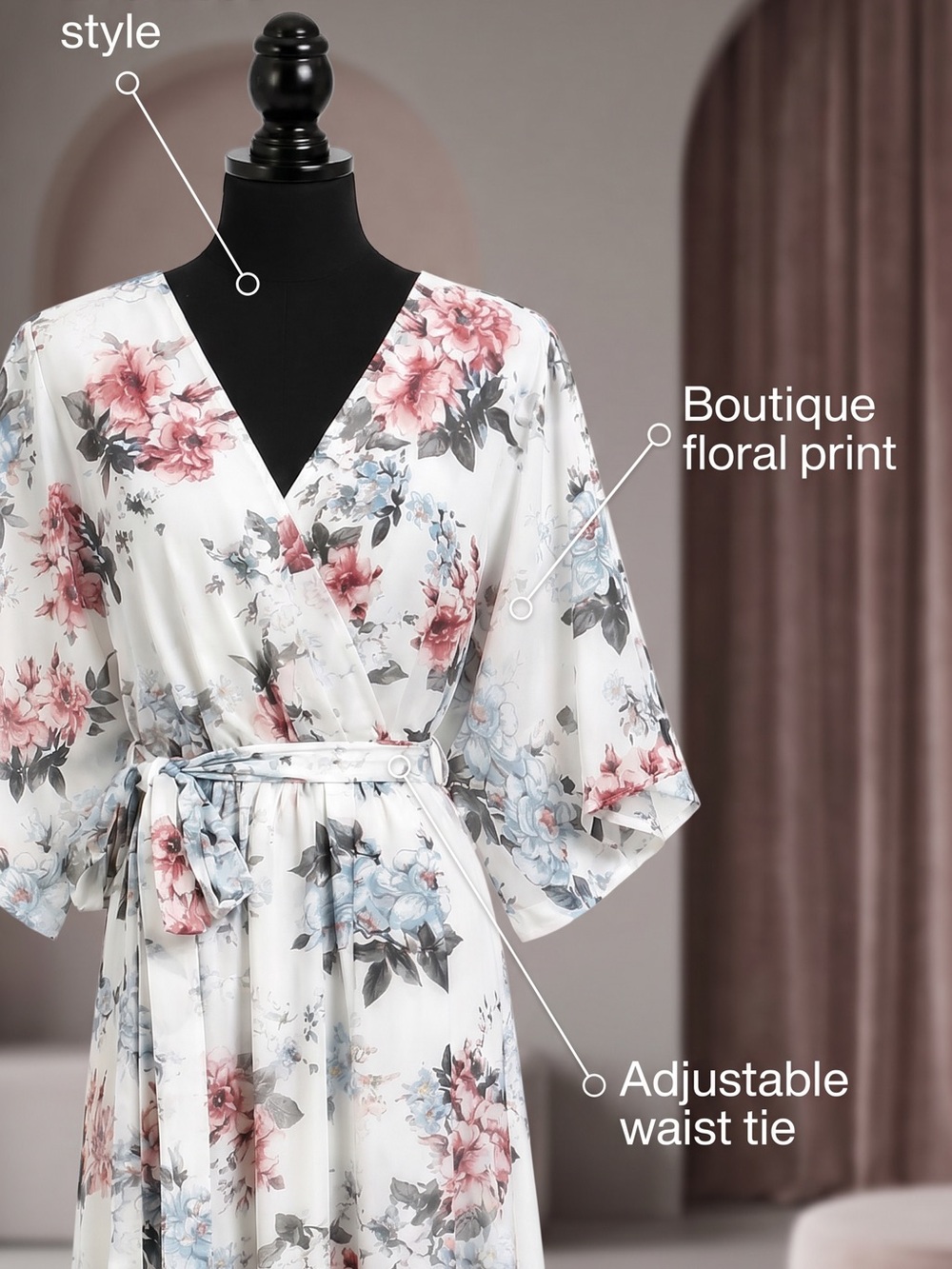Floral Wrap Maxi Dress with Adjustable Waist Tie - White/Pink/Blue